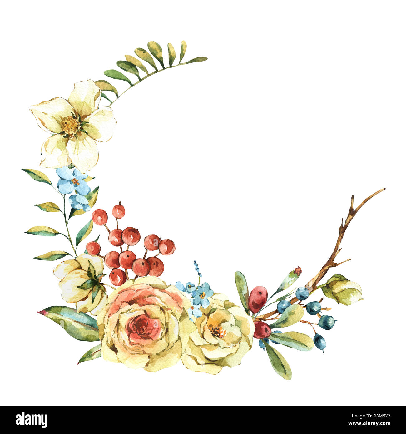 Jolie couronne de fleurs naturelles à l'aquarelle avec white rose, fleurs sauvages, baies, feuilles, isolées vintage frame ronde Banque D'Images