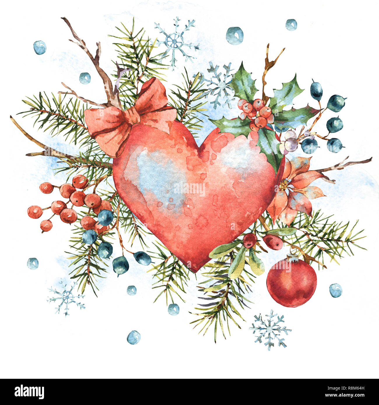 Noël hiver aquarelle carte de voeux naturelle avec cœur rouge, Holly,  flocons de neige, des branches, des baies, de l'épinette, vintage isolés  illustration, nouveau oui Photo Stock - Alamy