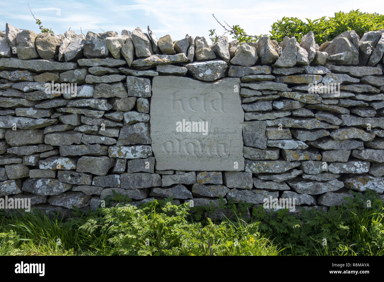 Un mur sec récemment restauré avec l'inscription « tenu par la gravité » sur l'île de Purbeck, Dorset, Angleterre, Royaume-Uni Banque D'Images
