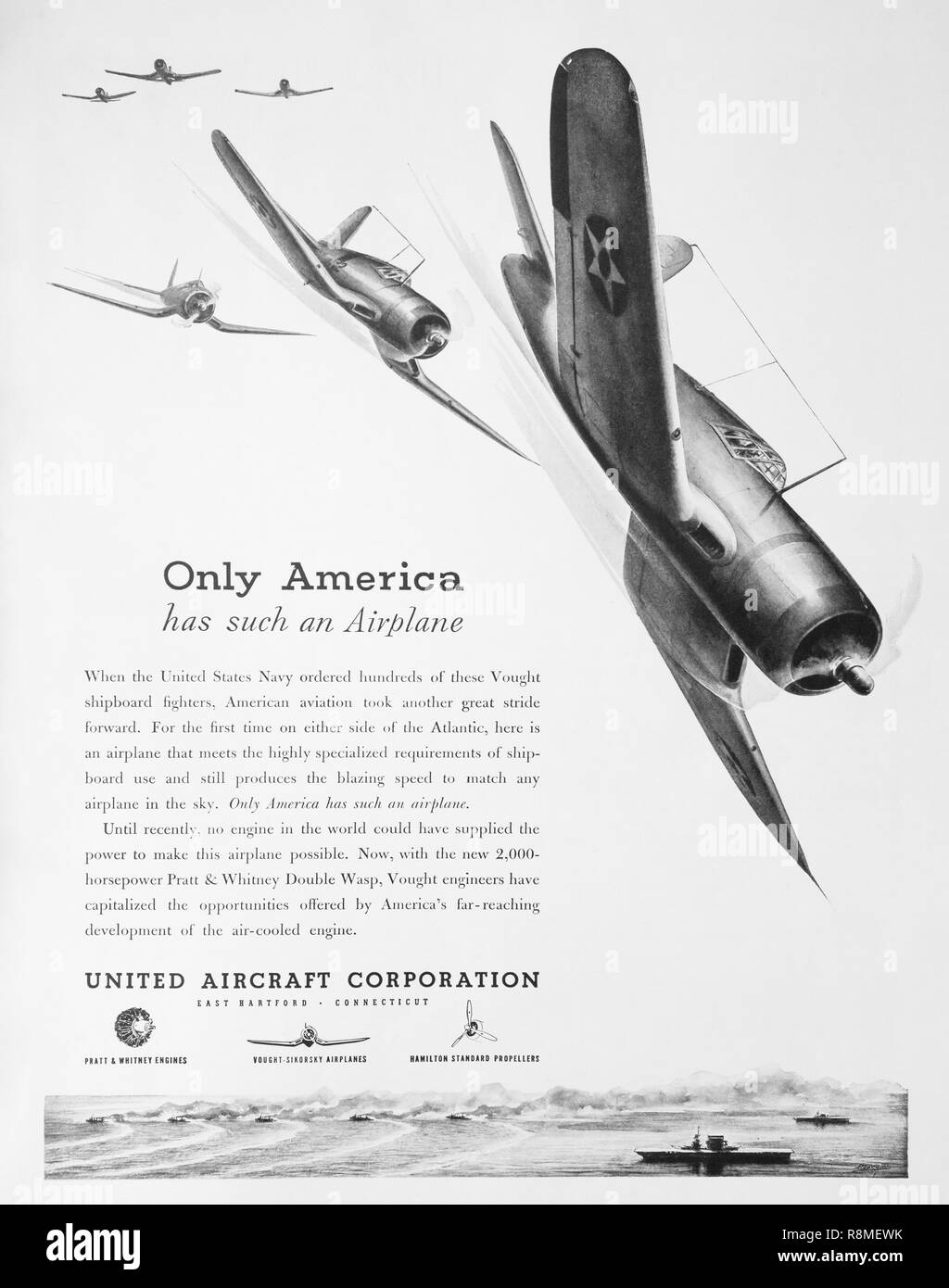 La seconde guerre mondiale publicité soulignant l'équipe ministérielle qui a conduit à la construction de l'Vought F4U Corsair avion de chasse. Banque D'Images