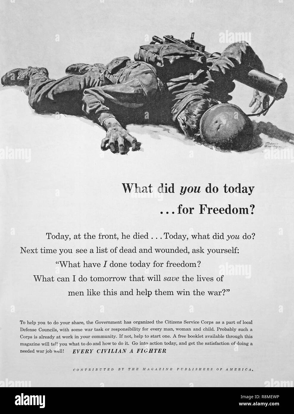 La Deuxième Guerre mondiale, Poignant magazine advertisement rappelant aux travailleurs de guerre américain sur l'avant à la maison afin d'appuyer les troupes au combat. Banque D'Images