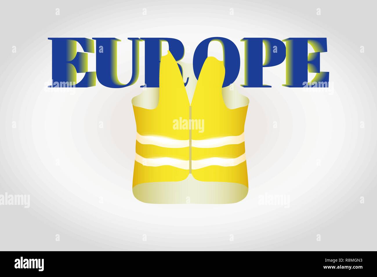 Le gilet jaune avec rayures scintillantes se bloque sur l'Europe des lettres sur un fond dégradé de gris. Vector illustration. Illustration de Vecteur