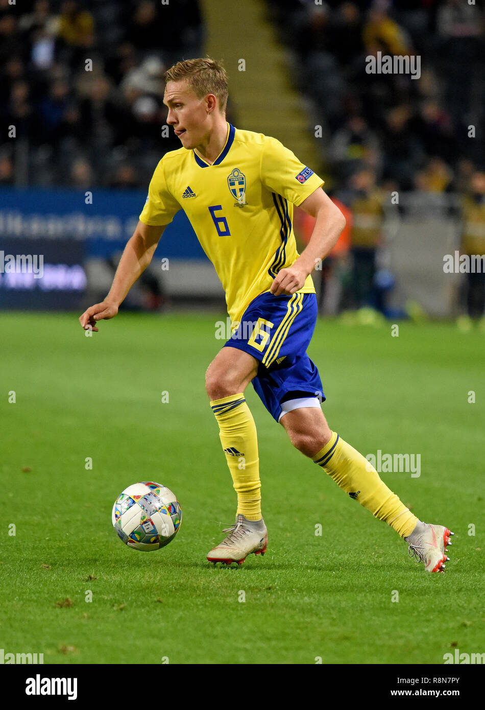 Solna, Suède - le 20 novembre 2018. L'équipe nationale de Suède left-Augustinsson Ludwig pendant l'UEFA Ligue des Nations Unies correspondent à la Suède contre la Russie à Solna. Banque D'Images