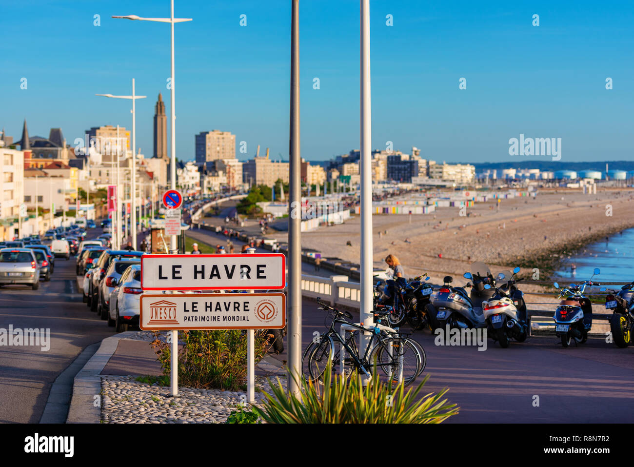 Panneau d'entrée du Havre, Normandie, France. Depuis 2005, le centre-ville du Havre a été déclaré site du patrimoine mondial de l'UNESCO. Banque D'Images