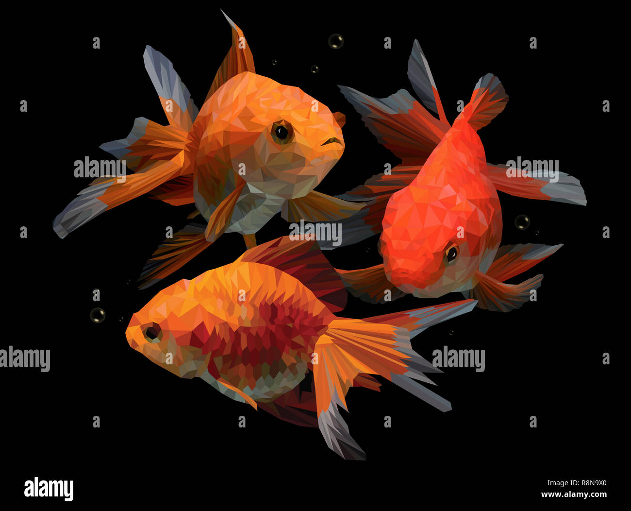 Illustration 3D dessin polygonal de poisson d'or en fond noir. Banque D'Images