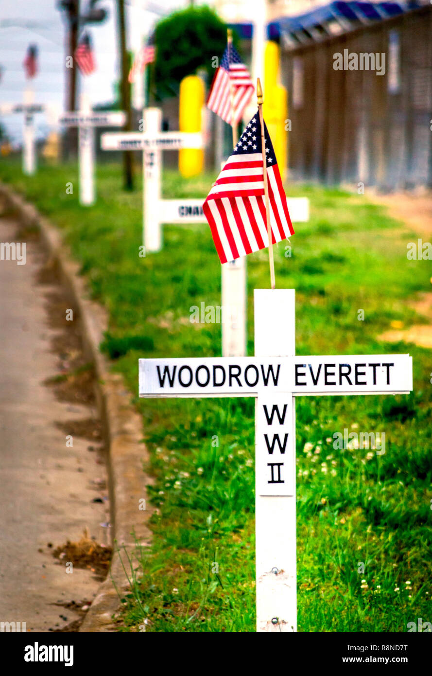 Croix blanches line Nouveau Peachtree Road à Doraville, Géorgie, Mai 29, 2014. Les croix portent le nom de la ville est tombé des anciens combattants. Banque D'Images