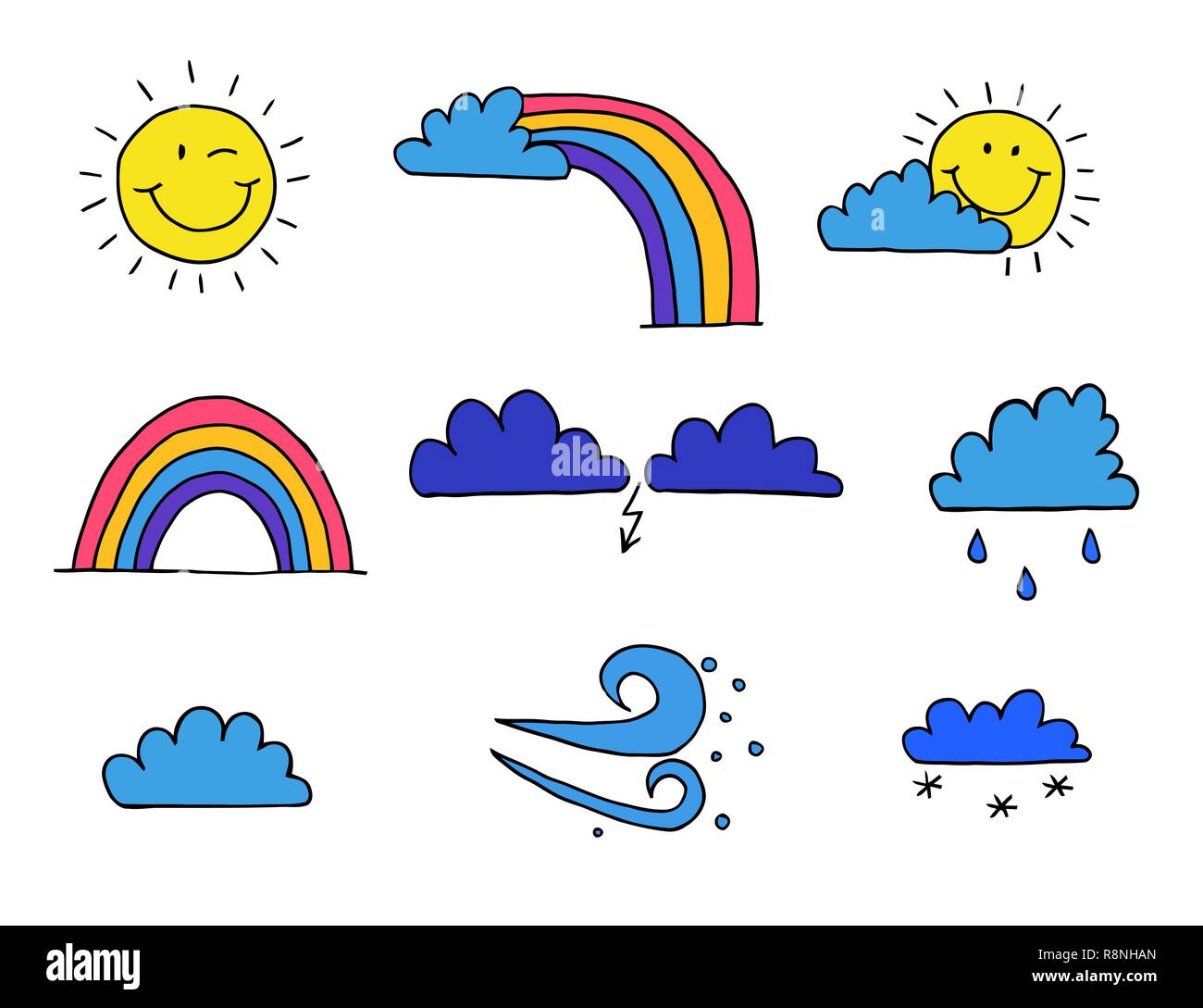 Ensemble d'icônes lumineuses sur le thème de la météo. Cartoon vector illustration. Illustration de Vecteur