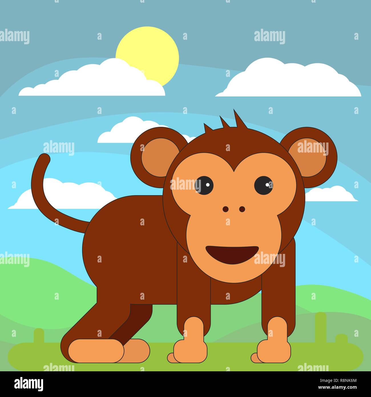 Monkey en cartoon style plat sur l'arrière-plan de prairies, de soleil et de nuages. Vector illustration sur fond blanc. Illustration de Vecteur