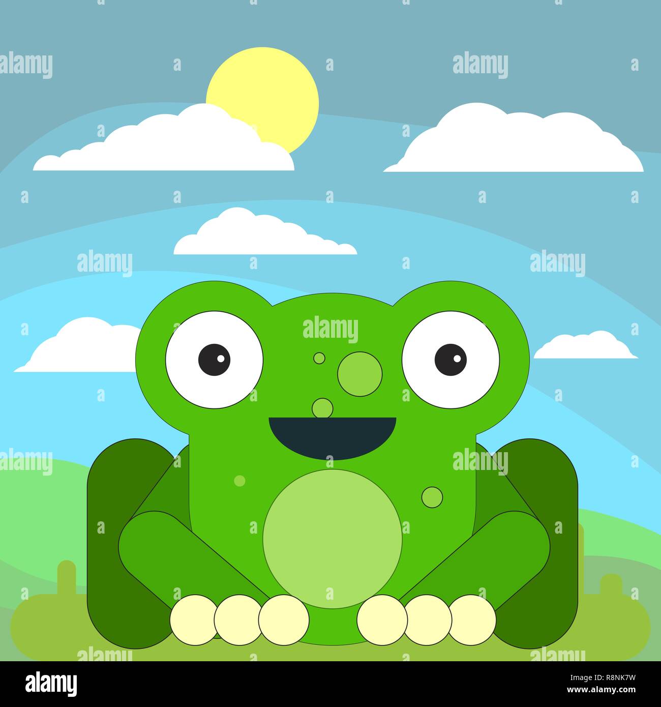 Grenouille dans cartoon style plate sur l'arrière-plan de prairies, de soleil et de nuages. Vector illustration sur fond blanc. Illustration de Vecteur