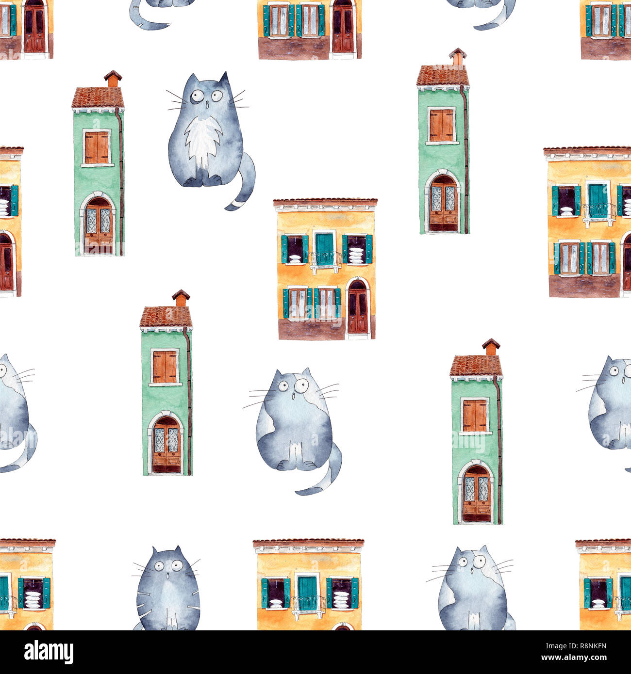 Avec motif transparent peint main lumineuse aquarelle cute cats et maisons. Parfait pour l'arrière-plan décoratif mignon gretting papier cadeau, design pépinière Banque D'Images