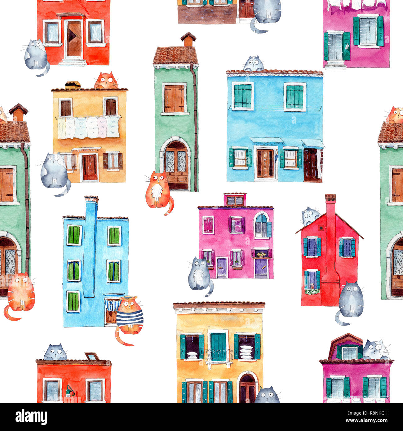 Avec motif transparent peint main lumineuse aquarelle cute cats et maisons. Parfait pour l'arrière-plan décoratif mignon gretting papier cadeau, design pépinière Banque D'Images