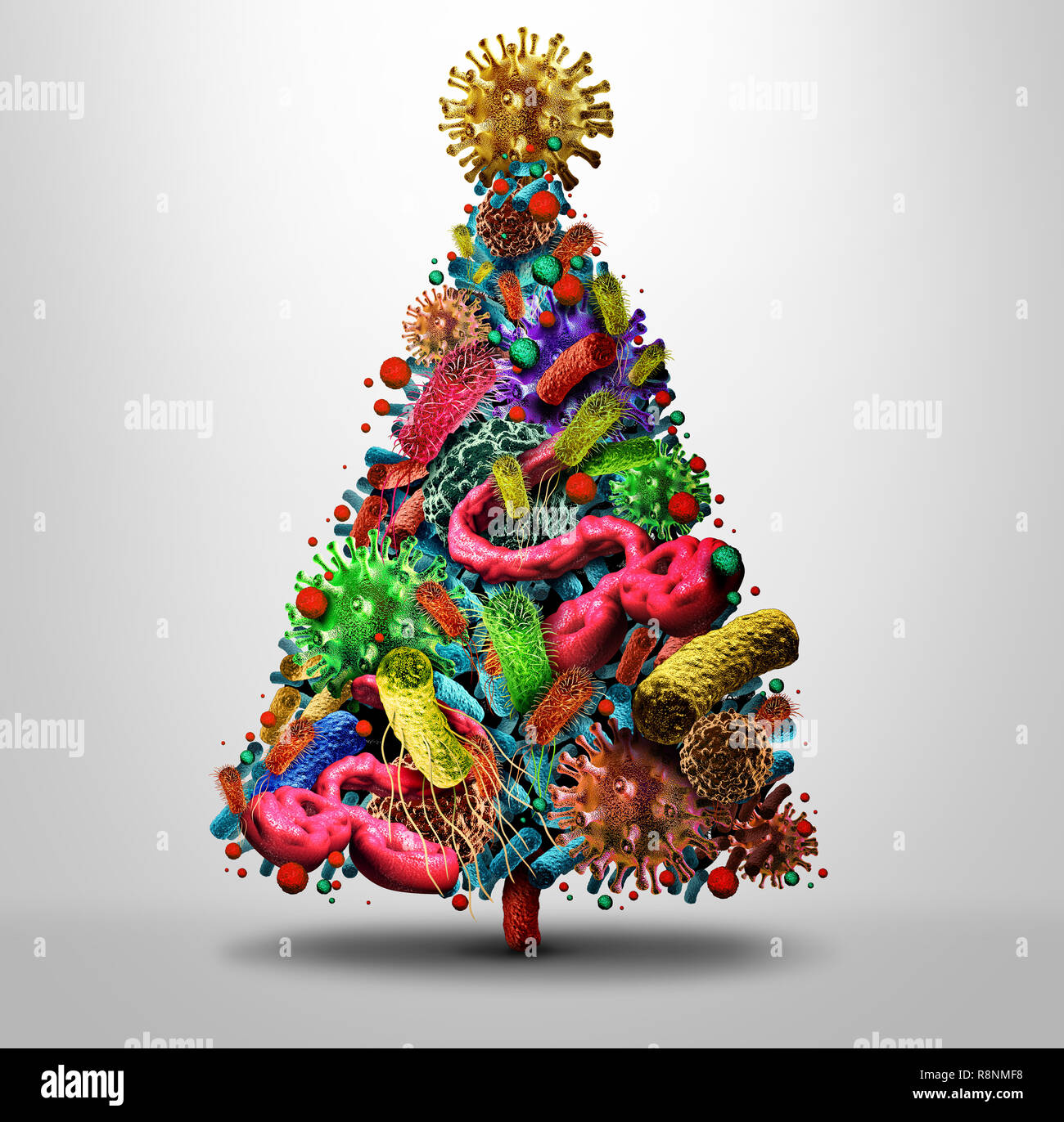 Vacances de Noël et d'hiver la saison de grippe santé médical maladie concept comme un arbre de saison festive faite de bactéries et virus pathogènes des maladies des cellules. Banque D'Images