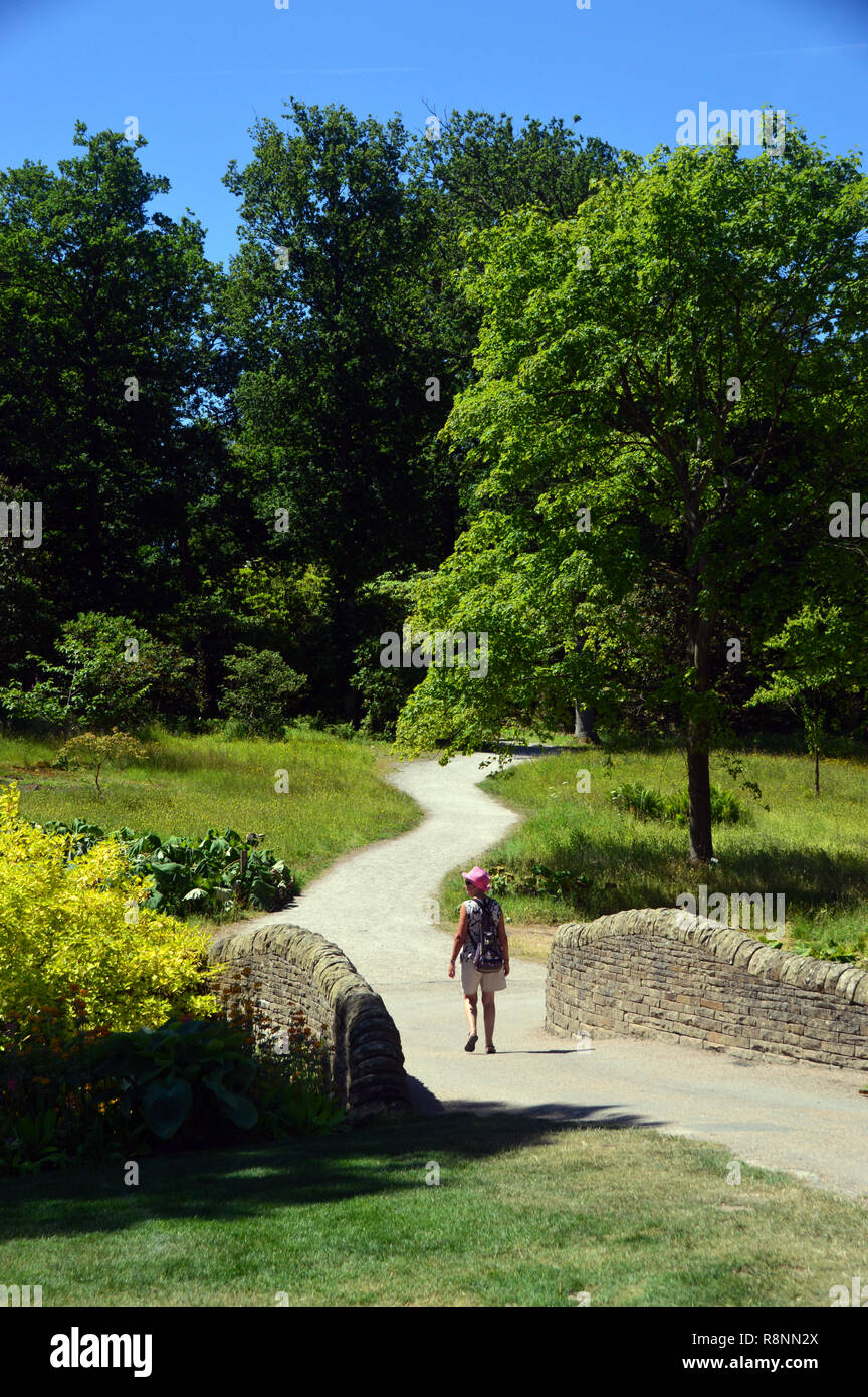 Lone Woman Walking on Path au pont de pierre, à sec RHS Garden Harlow Carr, Harrogate, Yorkshire. UK. Banque D'Images