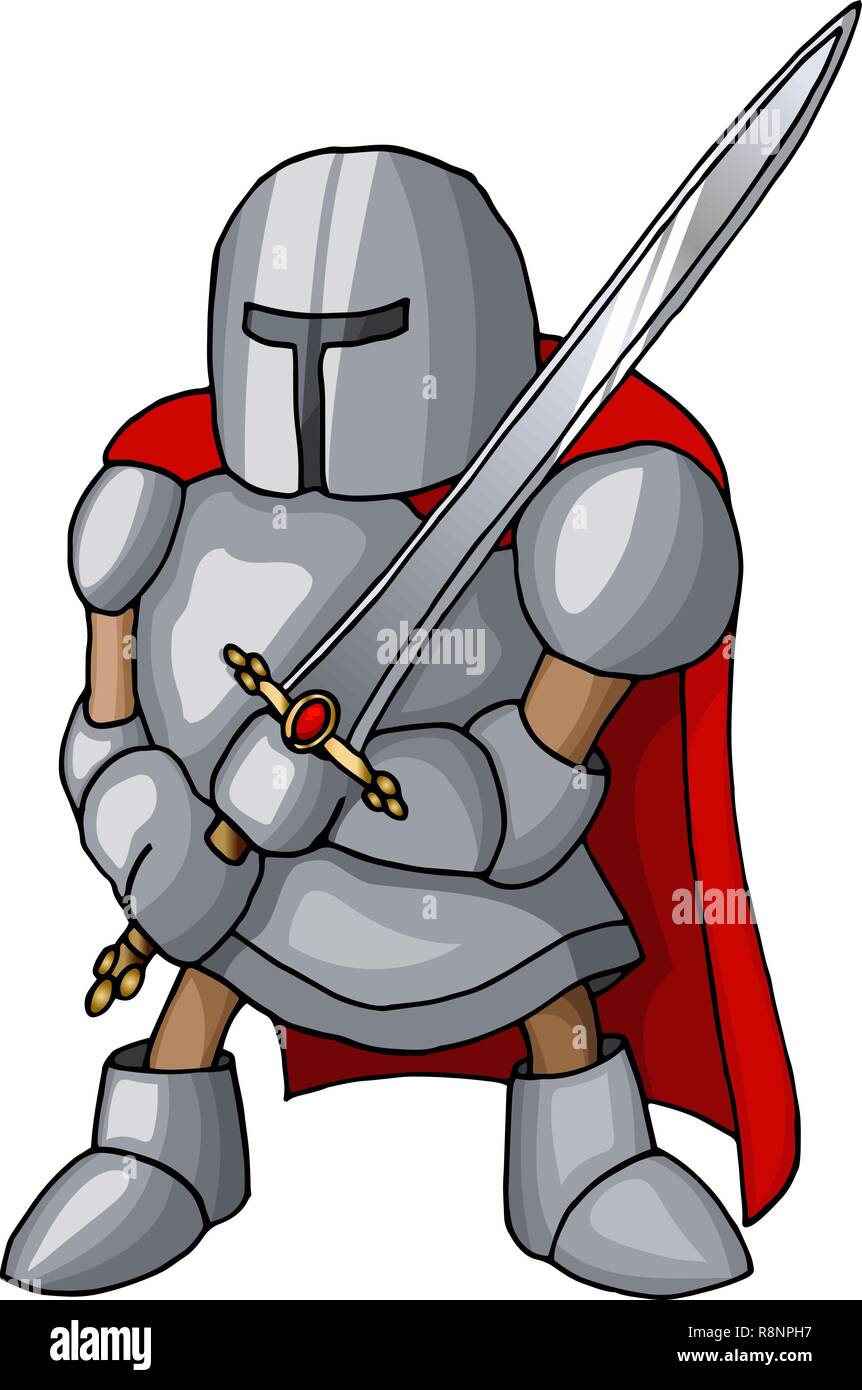 Cartoon chevalier médiéval confiant avec une large épée, isolé sur fond blanc Illustration de Vecteur