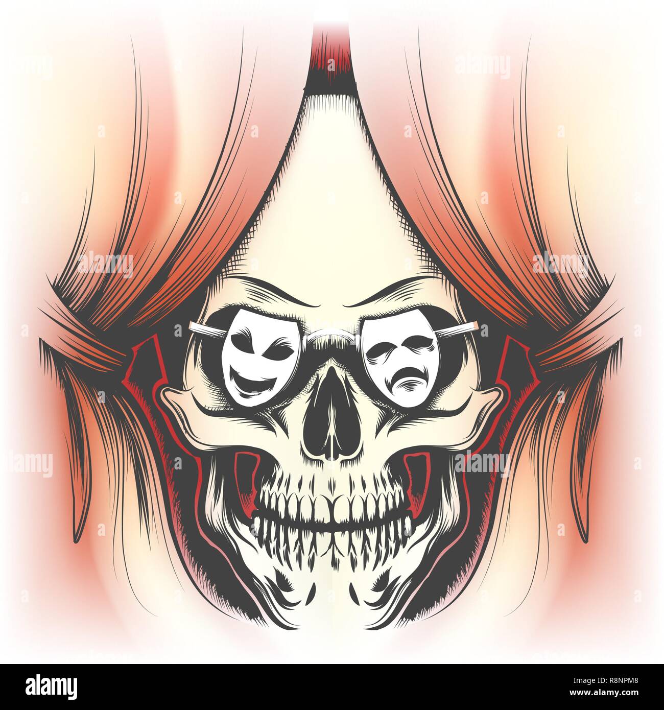 Rideau rouge et crâne humain dans des verres en forme de masques de théâtre dessiné dans le style de tatouage. Vector illustration. Illustration de Vecteur