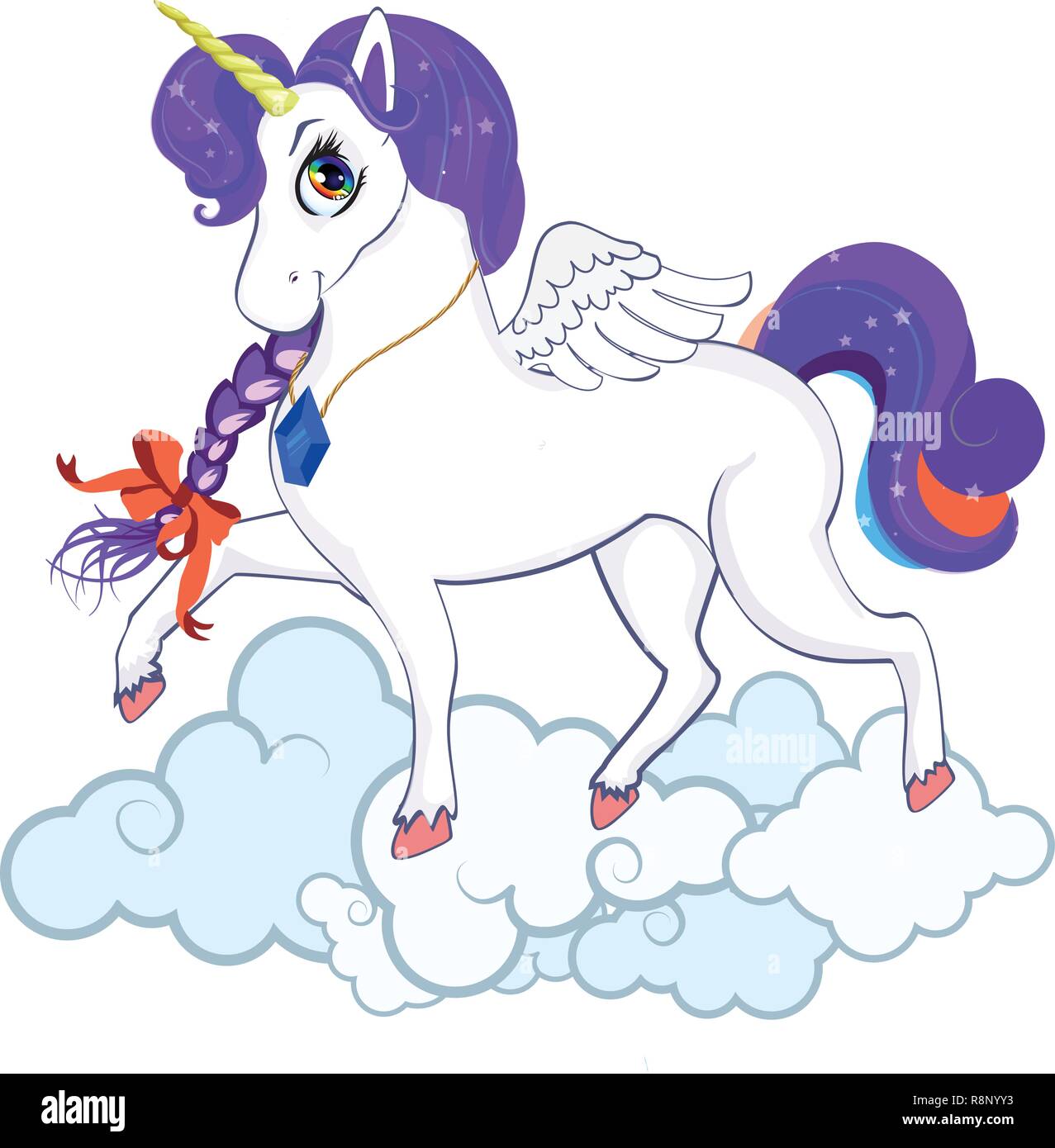 Poney licorne blanche avec de grands yeux, corne d'or, les ailes de plumes et de pourpre mane, sabots sur le nuage isolé sur fond blanc. Cute cartoon character Illustration de Vecteur