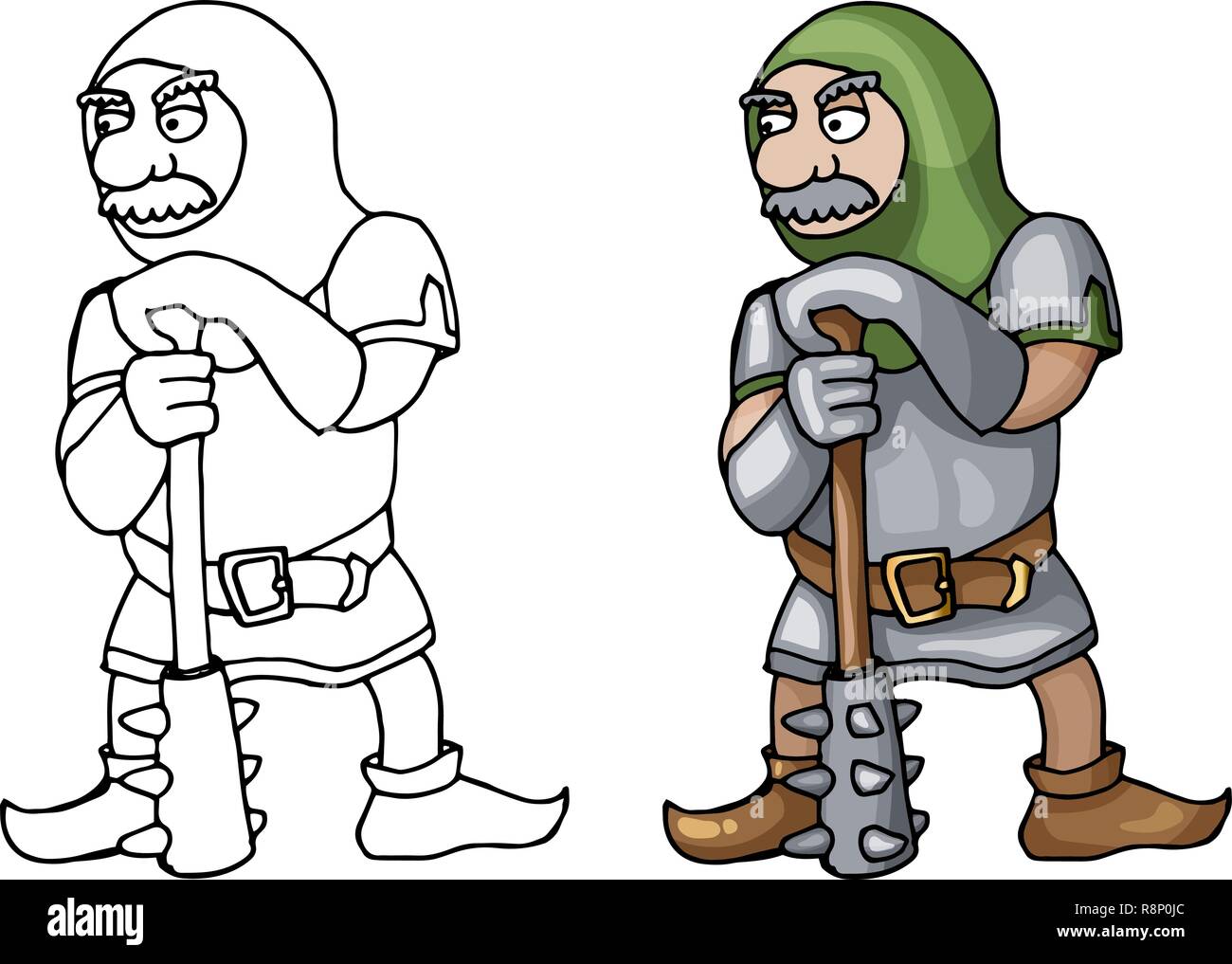 Cartoon chaîne médiévale mail warrior avec mace, isolé sur fond blanc Illustration de Vecteur