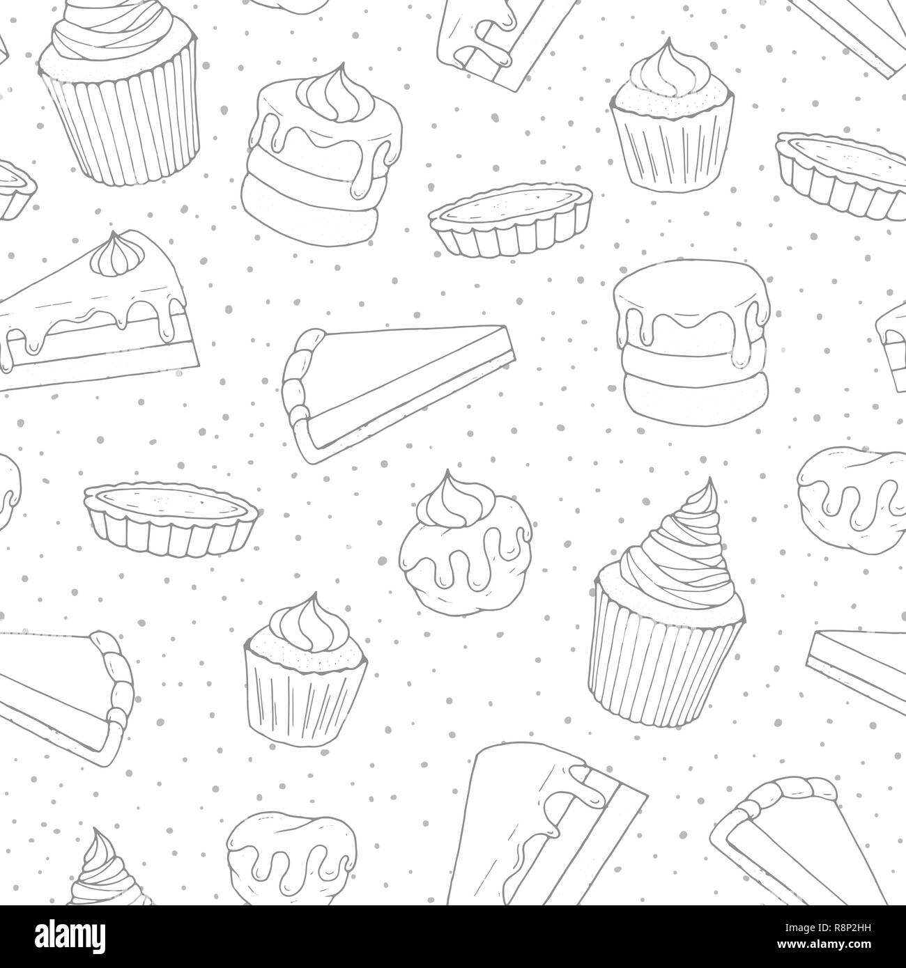 Hand drawn vector seamless pattern avec pâtisserie gâteaux, tartes, muffins et éclairs recouverts de garniture. Produits de boulangerie sucrés de contours dans un style sommaire Illustration de Vecteur