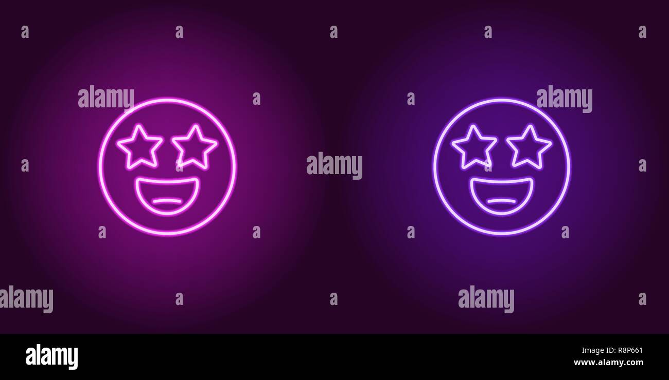 Illustration de Neon star emoji frappé. Icône Vecteur de cartoon smiling avec emoji dans contour yeux star style néon, violet et violet couleurs. E lumineux Illustration de Vecteur