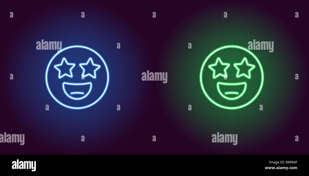 Illustration de Neon star emoji frappé. Icône Vecteur de cartoon smiling avec emoji dans contour yeux star style néon, bleu et vert. Glowing emot Illustration de Vecteur