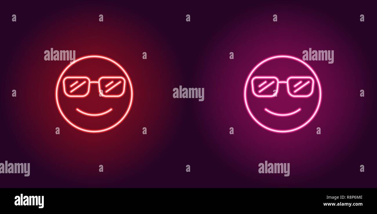 Illustration de néon emoji cool. Icône Vecteur de cartoon smiling avec emoji dans contour lunettes style néon, les couleurs rouge et rose. Emoticon rougeoyant wit Illustration de Vecteur