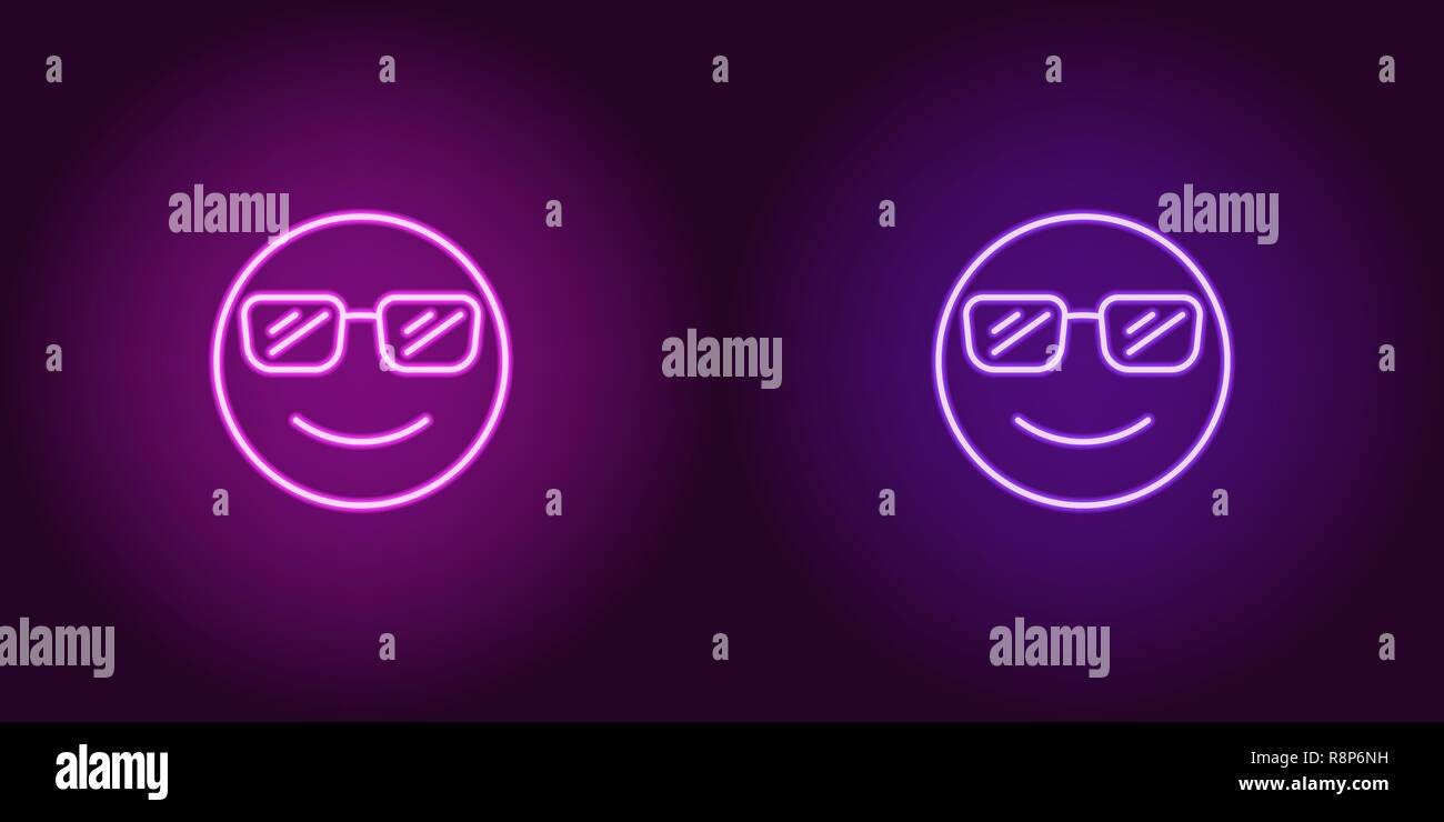 Illustration de néon emoji cool. Icône Vecteur de cartoon smiling avec emoji dans contour lunettes style néon, violet et violet couleurs. Emotico rougeoyant Illustration de Vecteur