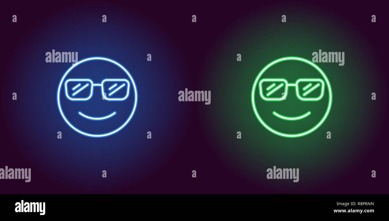 Illustration de néon emoji cool. Icône Vecteur de cartoon smiling avec emoji dans contour lunettes style néon, bleu et vert. Emoticon w incandescent Illustration de Vecteur