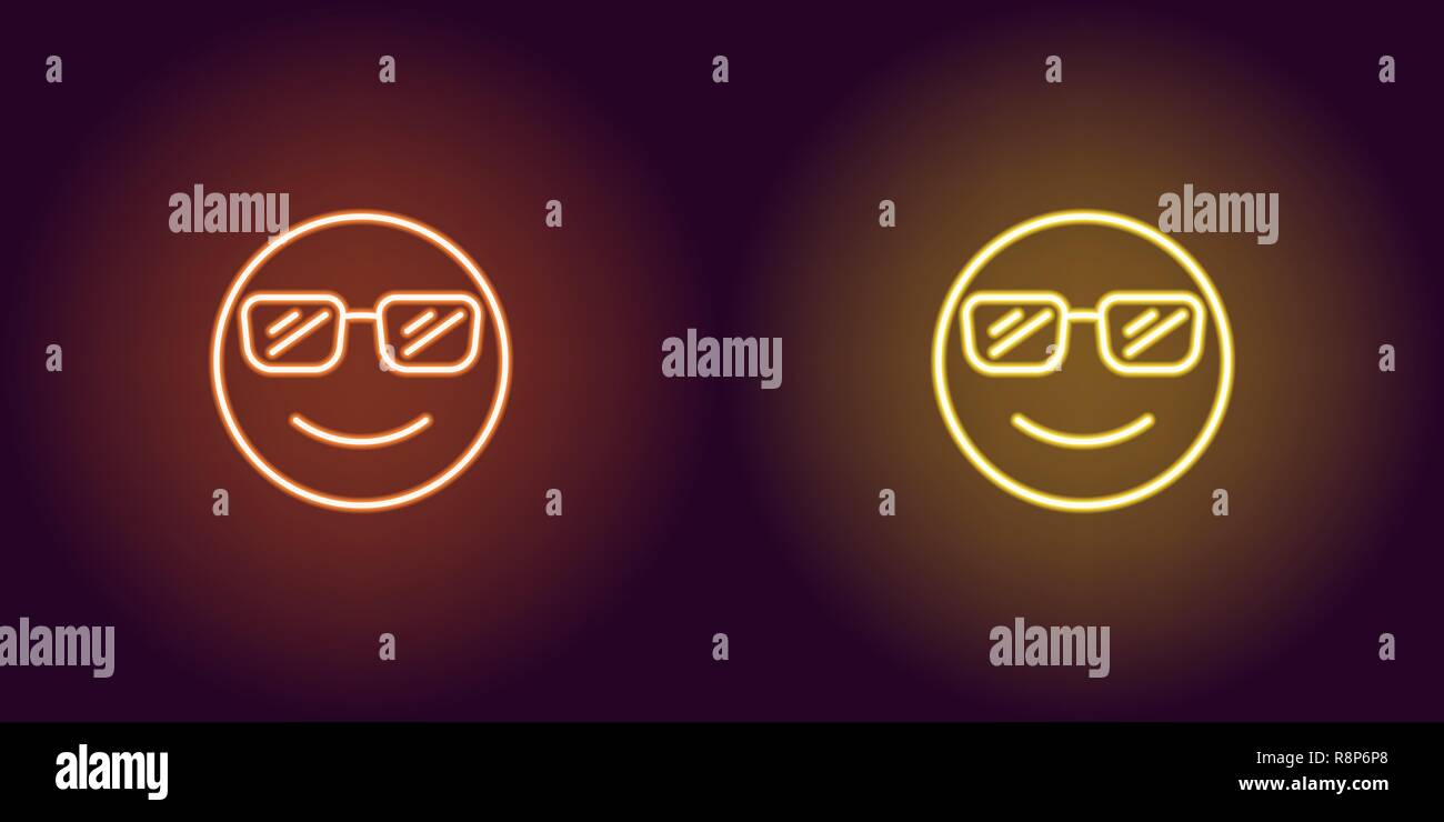 Illustration de néon emoji cool. Icône Vecteur de cartoon smiling avec emoji dans contour lunettes style néon, orange et jaune. Emotico rougeoyant Illustration de Vecteur