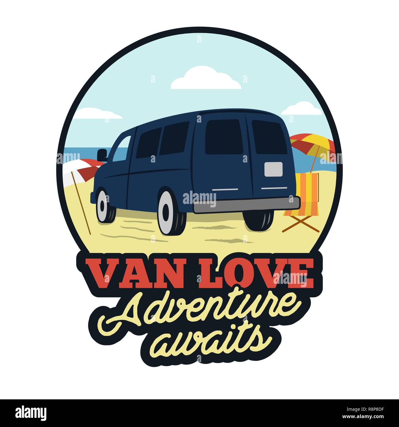 Van badge. Adenture citer attend. Heureux sur la scène de plage concept. Parfait pour T-Shirt, mug, autocollant. imprime. Emblème du vecteur Stock isolé sur fond blanc. Illustration de Vecteur