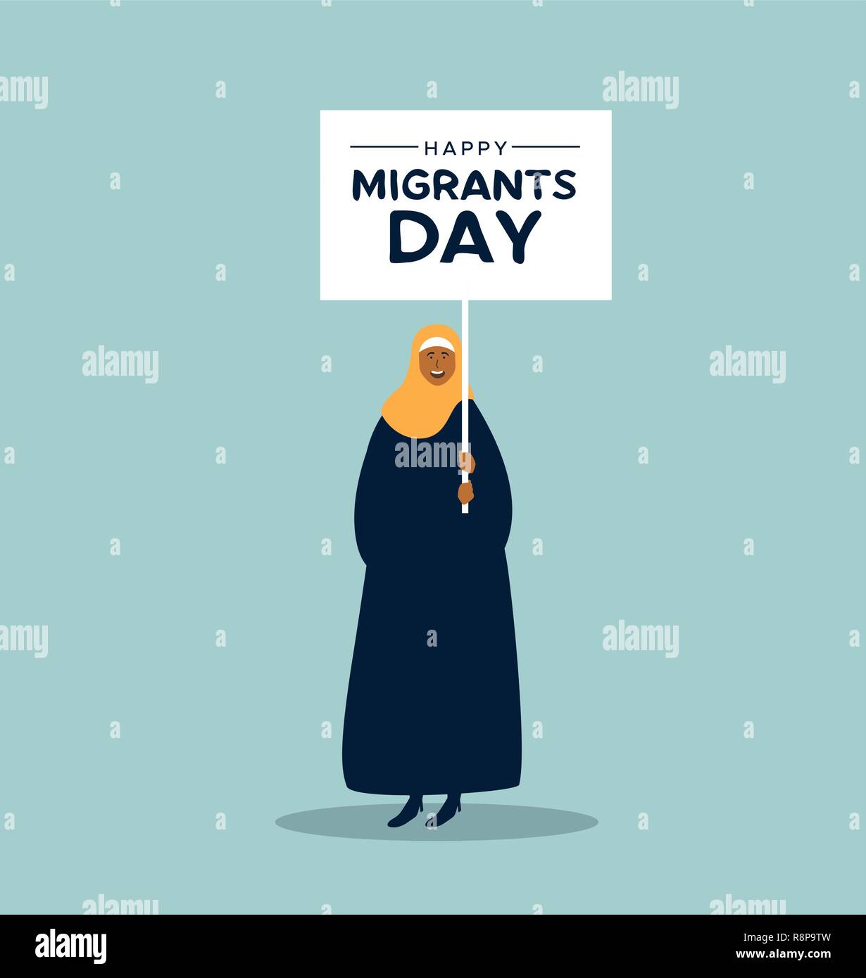 La Journée internationale des migrants, l'illustration. Jeune femme du Moyen-Orient en hijab signe de protestation tenue à la migration mondiale des réfugiés ou mars concept parade. Illustration de Vecteur