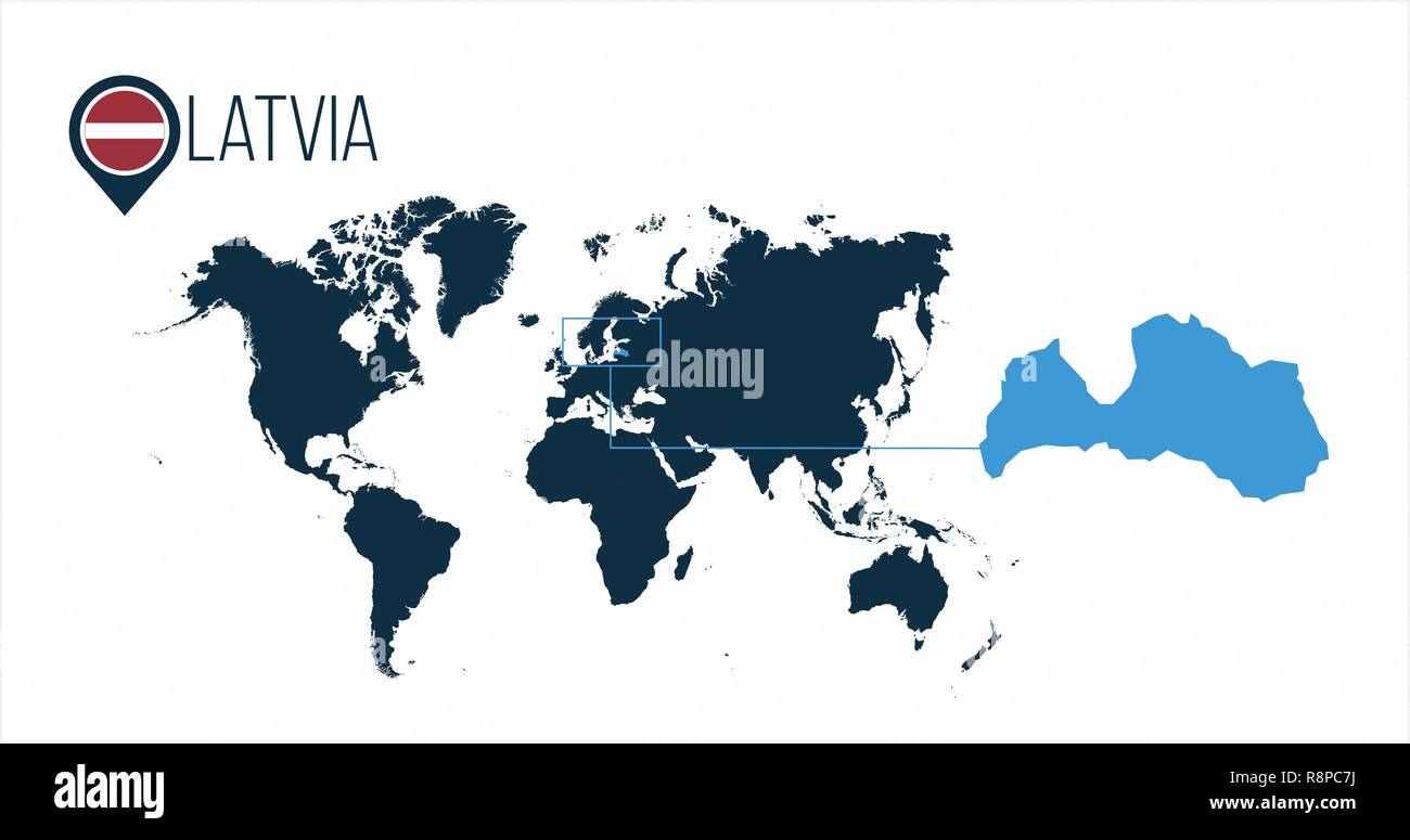 La Lettonie emplacement sur la carte du monde de l'infographie. Tous les pays du monde sans nom. La Lettonie drapeau rond dans la carte borne ou marqueur. vector illustration Illustration de Vecteur