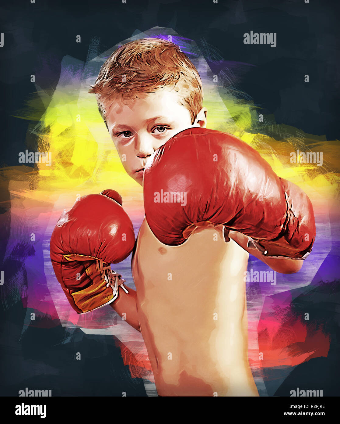 Peinture numérique d'un mignon petit garçon avec des gants de boxe Banque D'Images