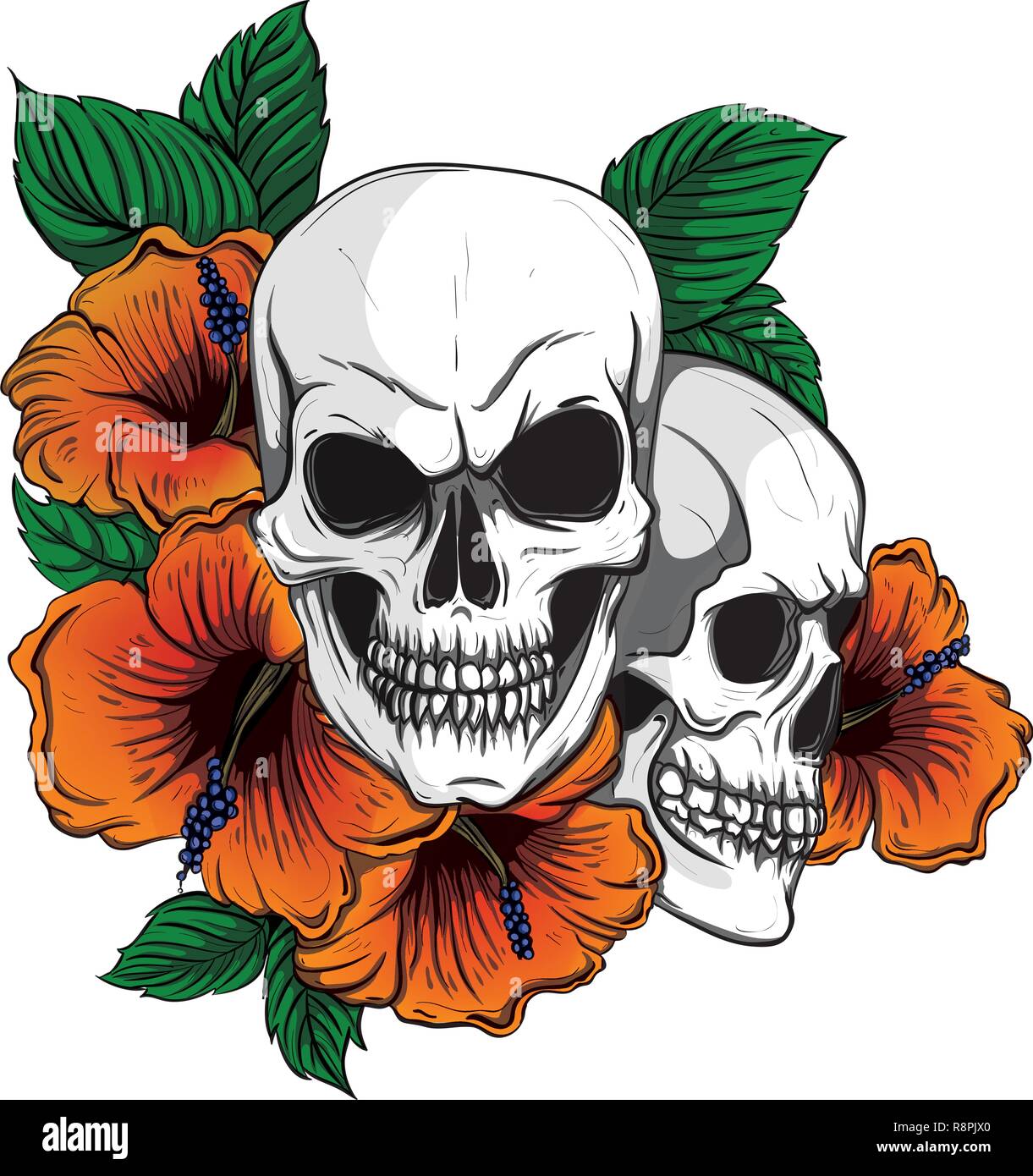 Crâne de broderie et de roses rouges. Dia de muertos, jour de la mort de l'art. broderie romanntic gothique crânes humains roses rouges et roses pivoines Illustration de Vecteur