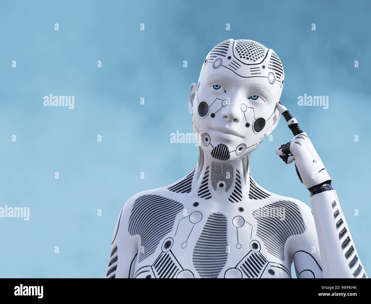 Le rendu 3D d'un robot femelle à la recherche comme elle pensait à quelque chose en utilisant son intelligence artificielle. Banque D'Images