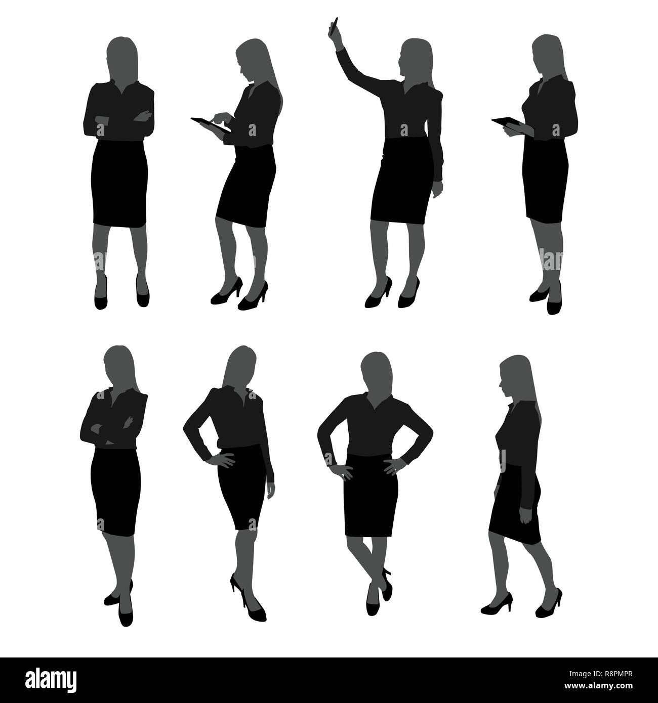 Vector set de businesswoman silhouette. businesswoman avec différentes mesures telles que l'utilisation de téléphone mobile , posant , en collaboration avec tablet Illustration de Vecteur