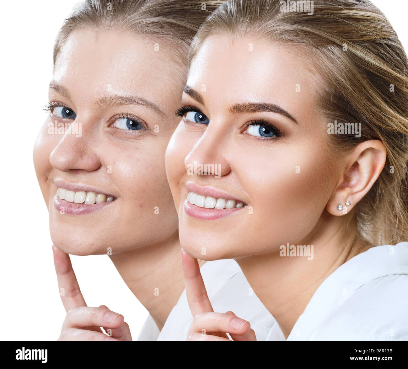 Jeune femme avant et après maquillage sur visage. Banque D'Images