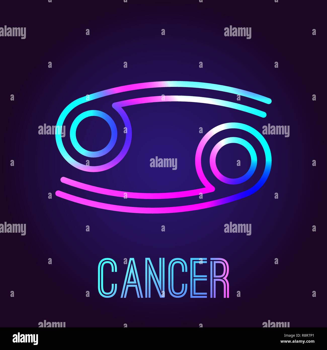 Le cancer, signe de zodiaque. Le néon lumineux multicolores d'un insigne sur un fond bleu foncé. Symbole zodiaque astrologique. Vector illustration. Illustration de Vecteur