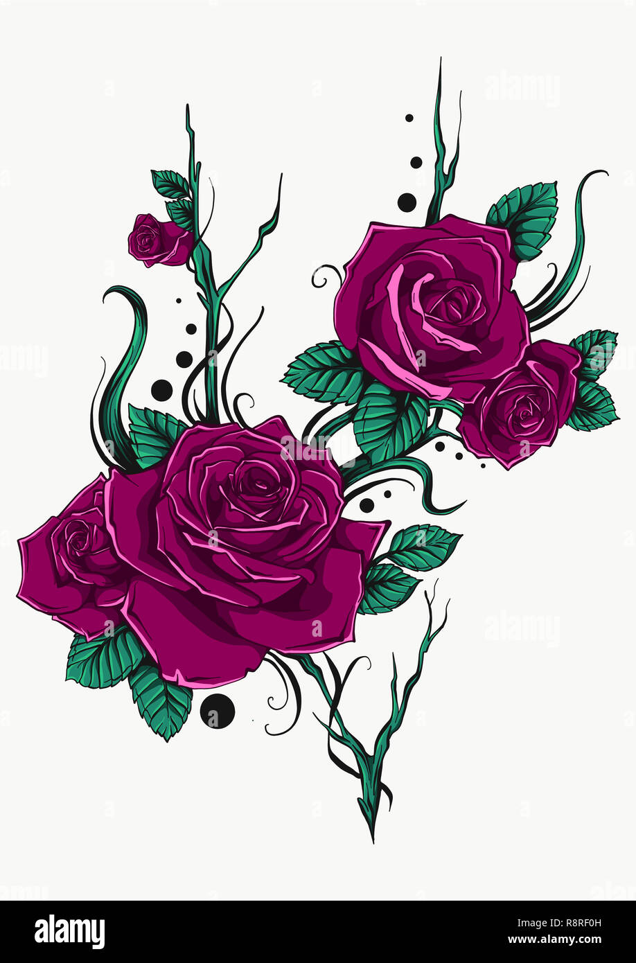 Magnifique bouquet de roses rouges et de feuilles. Arrangement de fleurs. design carte de vœux et invitation du mariage, anniversaire, Saint Valentin, Fête des Mère Banque D'Images