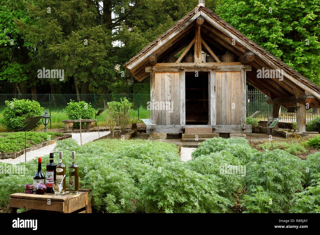 En France, la Haute Saône, Fougerolles, Paul Devoille distillerie, Jardin Secret de la Fée Verte, chalot, Kirsch de Fougerolles AOC, l'absinthe, de griotte, de kirsch sloe gin Banque D'Images