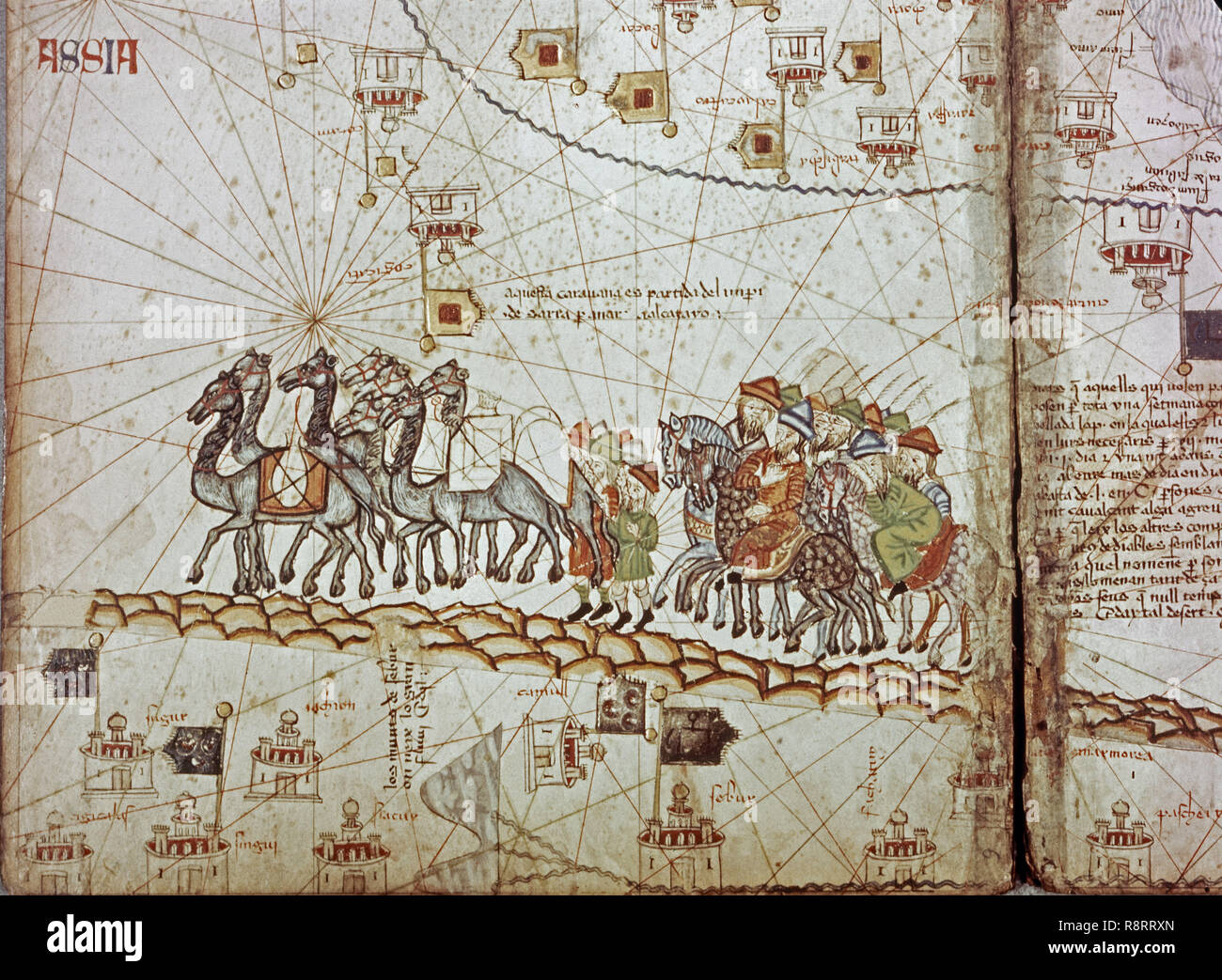 CARAVANA ORIENTAL DE CAMELLOS Y CAMELLEROS-ATLAS CATALAN-SIGLO XIV. Auteur : CRESQUES, ABRAHAM. Lieu : BIBLIOTHÈQUE NATIONALE. La France. Banque D'Images