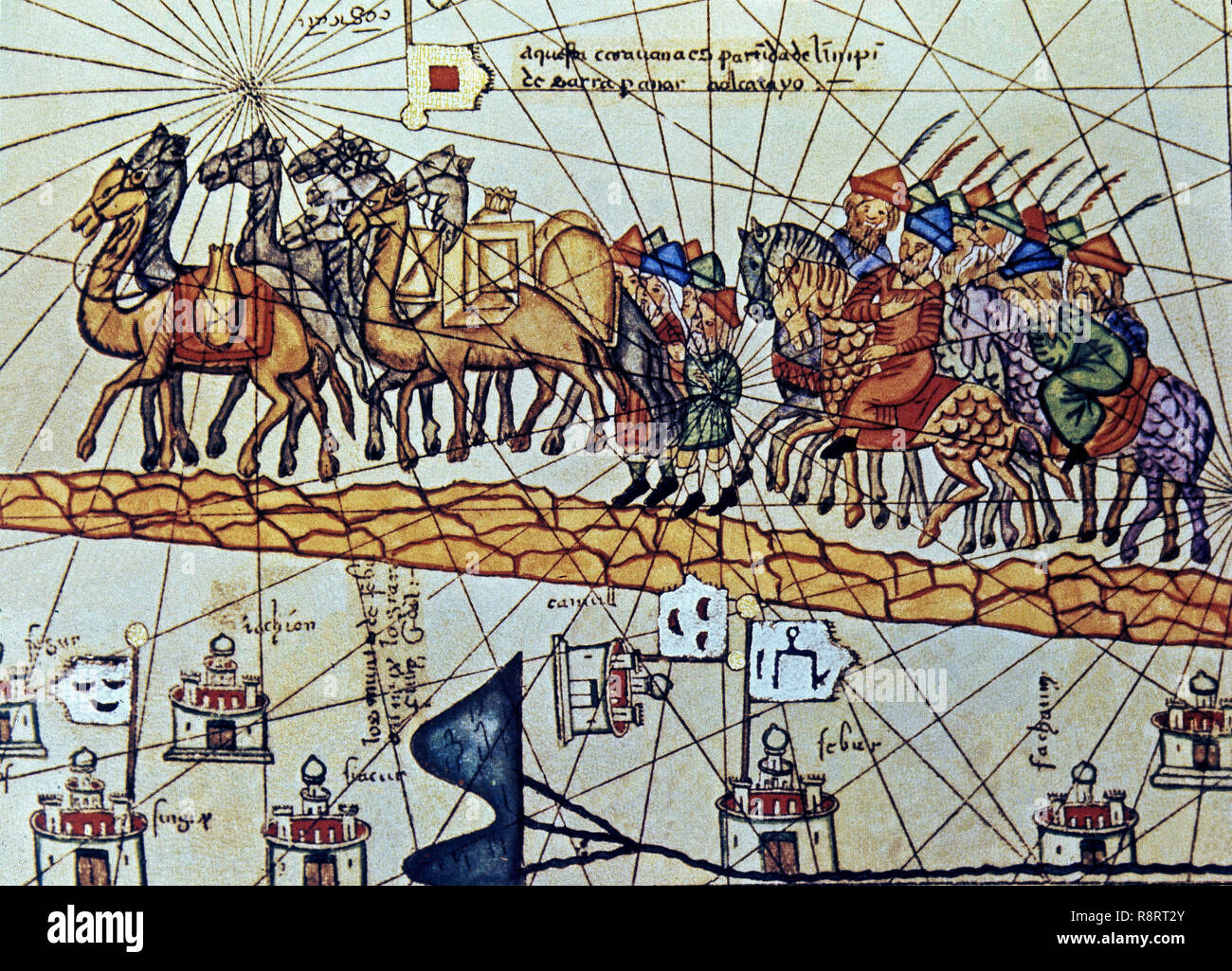 ATLAS CATALAN - DETALLE DE CARAVANA - año 1375. Auteur : CRESQUES, ABRAHAM. Lieu : BIBLIOTHÈQUE NATIONALE. La France. Banque D'Images