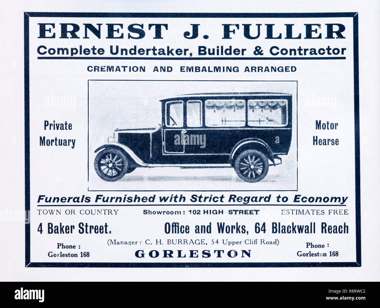 Années 1930 une publicité pour un prix de pompes funèbres ou des directeurs de funérailles, Ernest J. Fuller de Mali Zvornik Banque D'Images