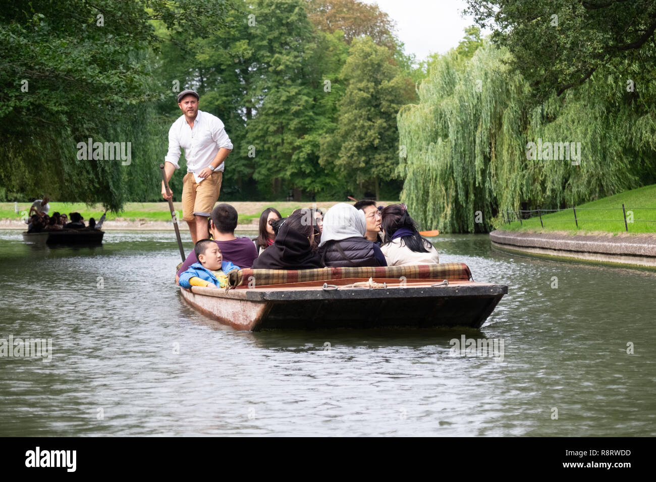 Cambridge, Angleterre : Un homme guides un punt rempli de touristes le long de la rivière Cam qui passe devant les collègues de l'Université de Cambridge. Banque D'Images