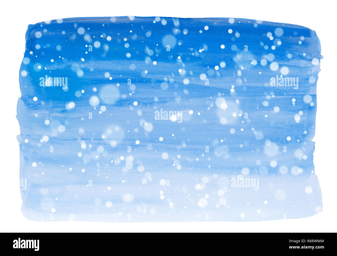 Ciel d'hiver aquarelle background avec chute de neige. Modèle peint à la main avec des bords irréguliers. Nuances de bleu avec des taches d'aquarelle et de texture. Banque D'Images