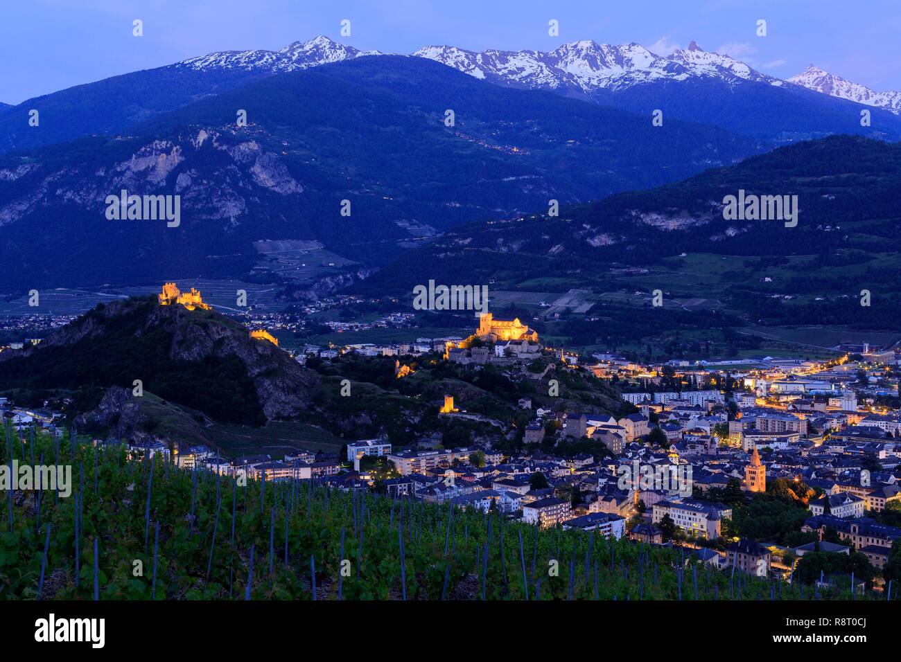 La Suisse, canton du Valais, Sion, Château de Tourbillon (13ème) sur la colline sur la gauche et la Basilique Notre Dame de Valère (13ème) sur la colline sur la droite, vignoble du Valais Banque D'Images