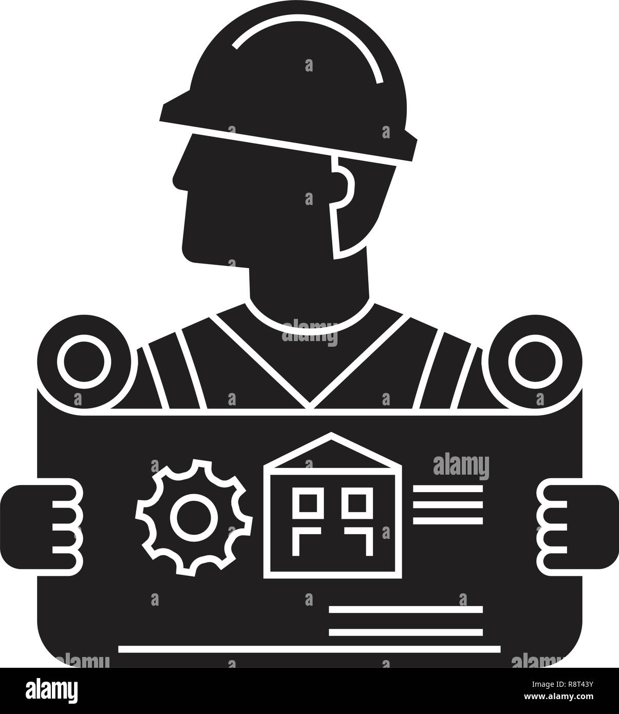 Architect with blueprints vecteur icône noire concept. Architect with blueprints télévision illustration, sign Illustration de Vecteur