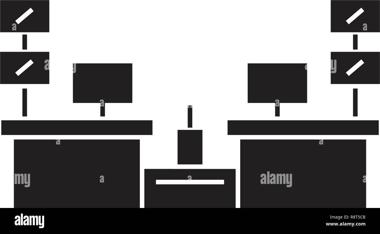 Un bureau du caissier vecteur icône noire concept. Un bureau du caissier télévision illustration, sign Illustration de Vecteur
