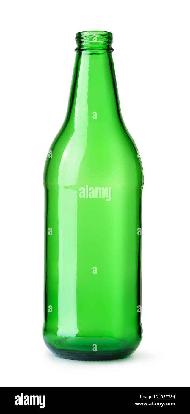 Vue avant du vert bouteille de bière vide isolated on white Banque D'Images
