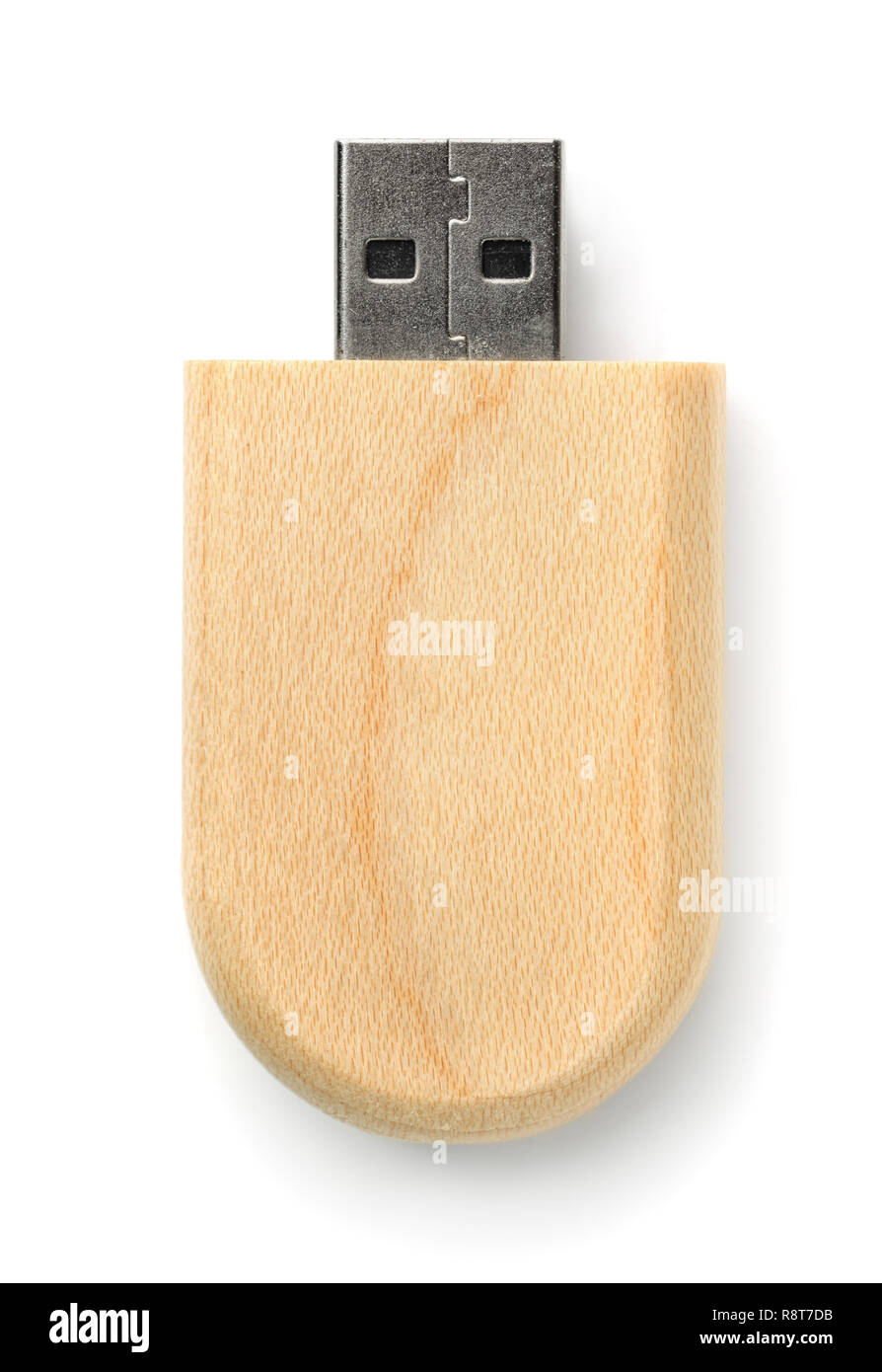 Vue de dessus du lecteur flash USB en bois isolé sur blanc Banque D'Images