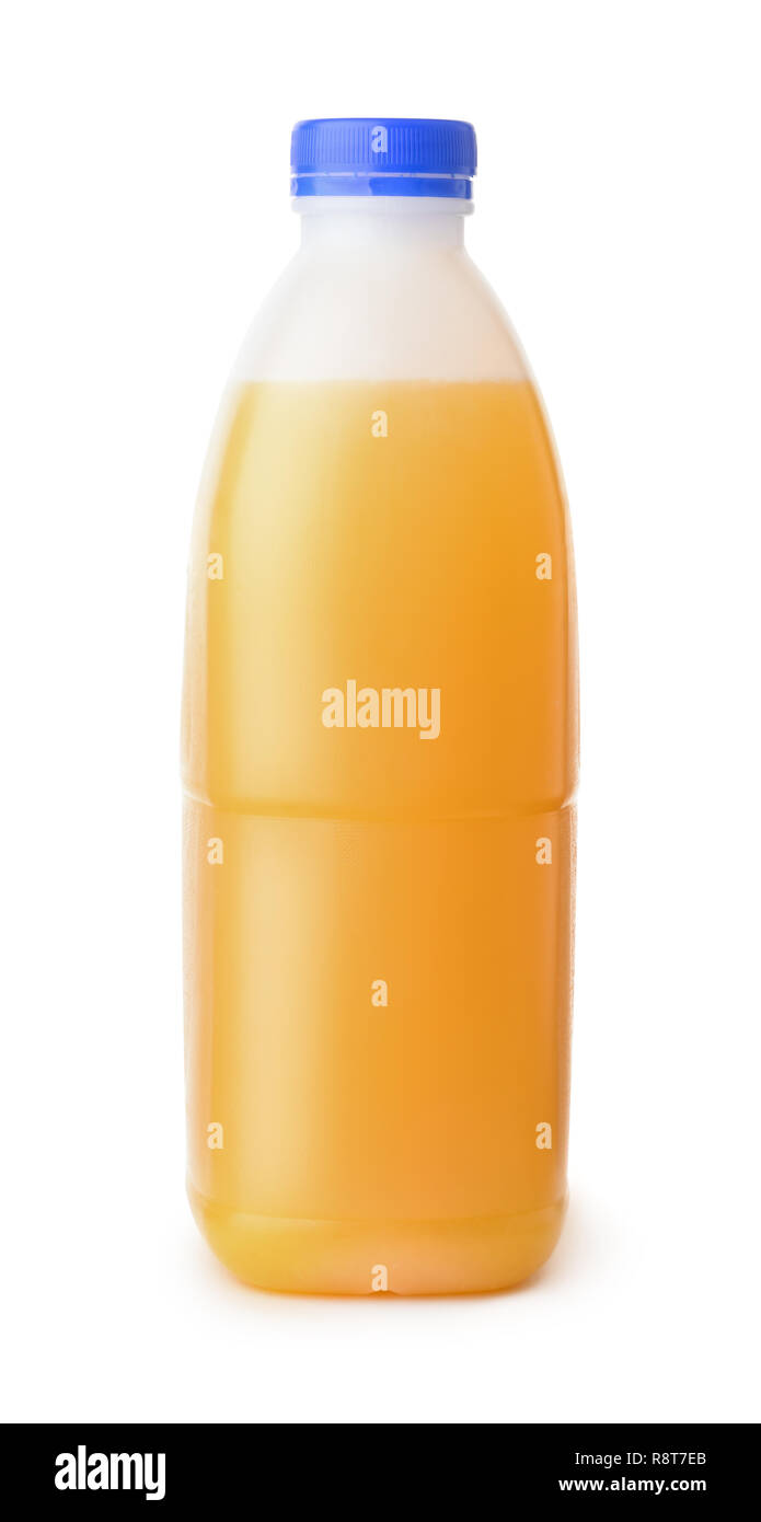 Vue avant du jus d'orange en plastique bouteille isolated on white Banque D'Images